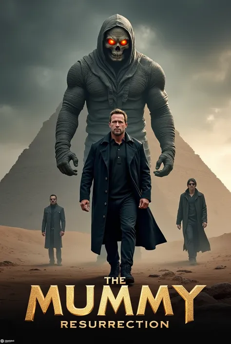 Create a poster for the movie "The Mummy: Resurrected 2025" with Dwayne Johnson, Keanu Reeves. This poster is full of horror and action, clearly showing the confrontation between humans and supernatural forces. The setting is a desolate desert, along with ...