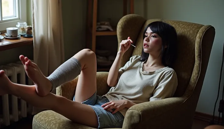 Girl with saggy tits,  clicks on her feet ,  in an unwashed shirt ,   hair bob hairstyle without bangs parting in the middle, hair to the sides exposing the forehead , black hair. lies on an old armchair at home, old adidas tights , , spitting her skins in...