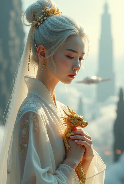 "Portrait of an East Asian woman with light silver hair and an ancient Chinese bun adorned with flowers. She wears a thin, flowing white traditional dress with intricate embroidery and holds a cute golden ancient dragon gently against her chest. The backgr...