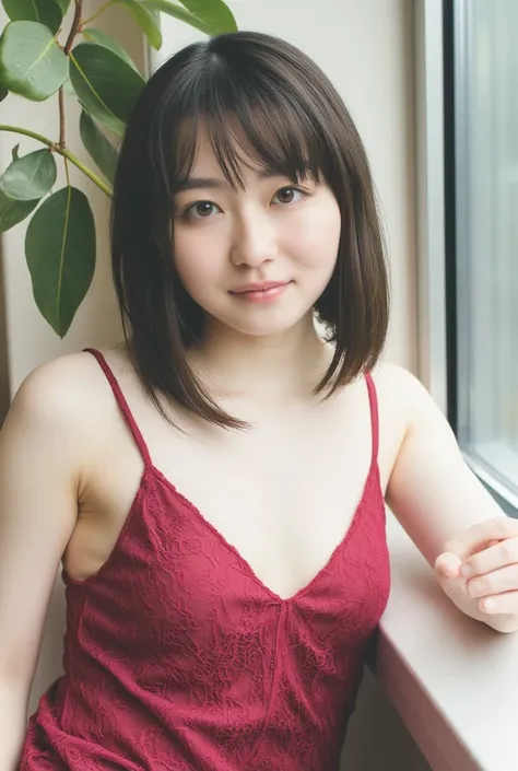 "smile"、 Thin, nice-bodied woman , Sexy pose in a transparent camisole in the living room.