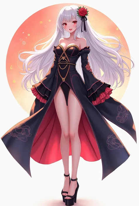 (A hot cute girl in a Japanese style two-sided slit dress with Womens Black High Heel Platform Pumps with Ankle Straps for shes got long white hair and shes anime style)