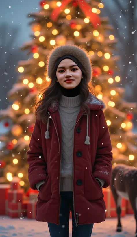 "A half-body view of the same person in their original outfit, standing naturally with a cheerful expression. The background features a beautifully decorated Christmas tree with glowing ornaments. Snow is gently falling, and a reindeer stands nearby, addin...