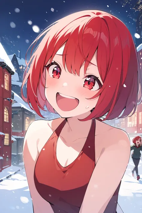 red hair, short hair, bob cut, red eyes, bullish face, laughing, halterneck, snowy town