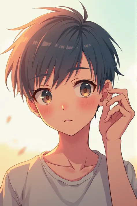 An anime boy is holding his own ear