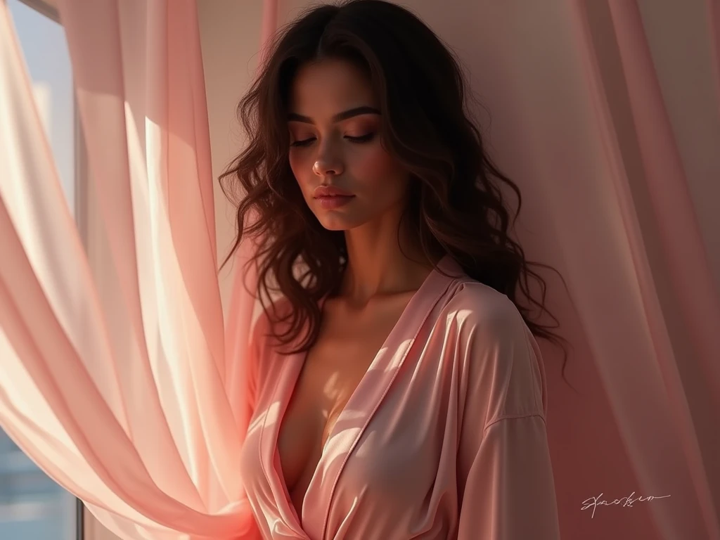 Distant LATINA model dressed in shades of pink with closed robe 