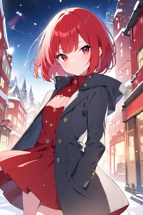 red hair, short hair, bob cut, red eyes, flare skirt, overcoat, snowy town