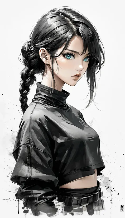 Neo-noir futuristic art style, Ink and Wash Digital Art style, waist-up, proportional body, semi-realistic anime-style of woman, side profile, 19 years old, mature appearance, long black hair in low braid, oval face, defined jawline, narrow turquoise eyes,...