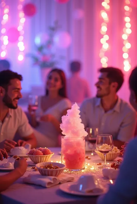  Generate lying down image for party company  , with bladders , Mini Coxinhas ,  cotton candy , popcorn . With the background theme between purple and pink 