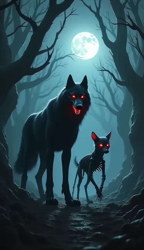 “Create a chilling scene featuring a fearsome wolf and a terrifying tamandua standing side by side. The wolf has glowing red eyes, sharp teeth bared, and dark, matted fur, exuding an aura of menace. The tamandua, with its long claws and eerie, skeletal-lik...