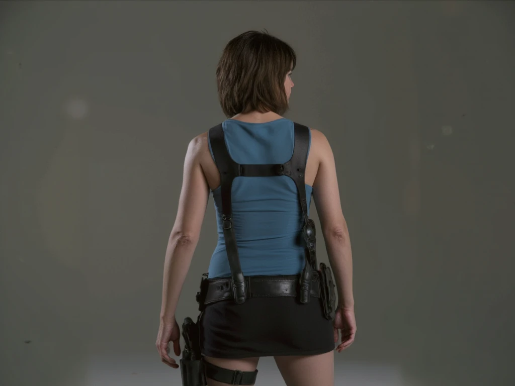 Sienna Guillory, Sienna Guillory as Jill Valentine on movie Resident Evil Apocalypse, "focus Back view", "Back View", short skirt, blue top, black hair