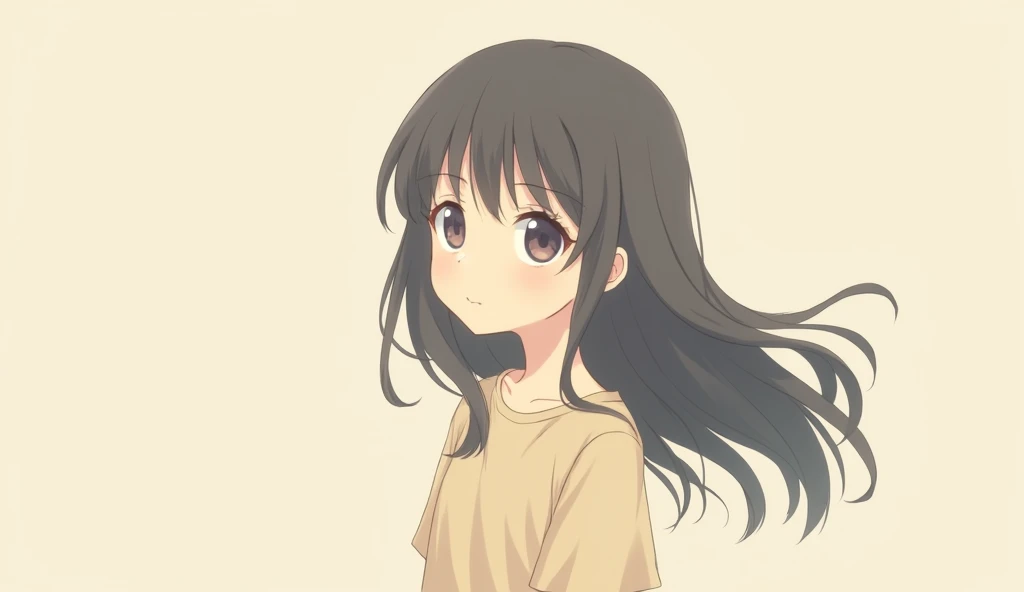 A young anime style girl, of long, dark hair, with a simple beige cotton dress.
