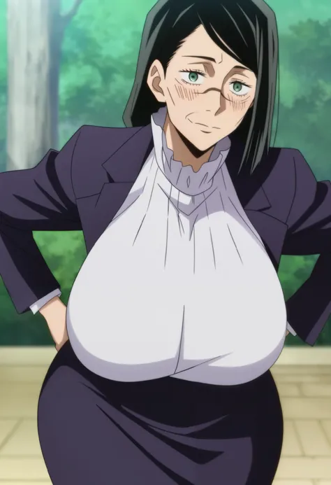 Jujutsu Kaisen screencap anime style a elderly lady with wrinkly face black hair green eyes wide hips with big heavy chest score_9_up, score_8_up, masterpiece, best quality
