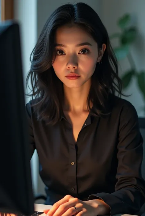 A pretty woman with medium black hair ,  detailed eyes, nose, and lips,  computer wearing professional clothing ,  sitting in her office , using your computer, hp computer ( best quality ,4K,8k, high resolution,Art work:1.2),ultra detali,(realistic,photore...