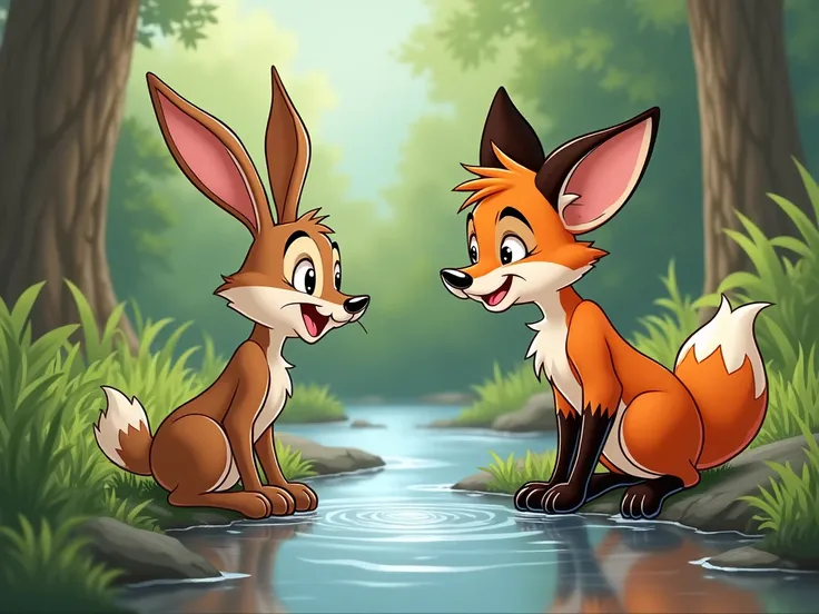 The Hare meets the Fox near a stream, with a mischievous smile, drawing in the Disney Pixar style.