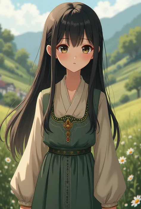 A young anime style girl, of long, dark hair, Wearing a villagers dress."