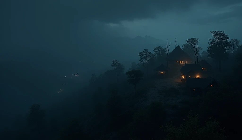 night，There is a primitive village in the distance ，In the picture, you can see several thatched huts at the top of the triangle，forest， realistic style ，Vision，Big View