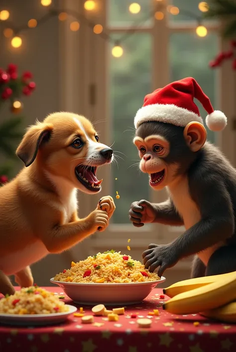 Dog and monkey fighting over Christmas rice and banana 