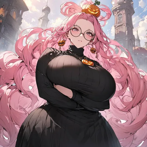 Anime, high detailed, 1 woman, mature woman, incredible extremely long hair, pink hair, topknot, pumpkin ornament on hair, round glasses, curvy body,  beauty, huge breasts, long black Sweater, long skirt, crossed arms, serious expression 