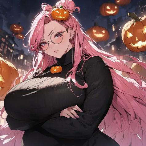 Anime, high detailed, 1 woman, mature woman, incredible extremely long hair, pink hair, topknot, pumpkin ornament on hair, round glasses, curvy body,  beauty, huge breasts, long black Sweater, long skirt, crossed arms, serious expression 