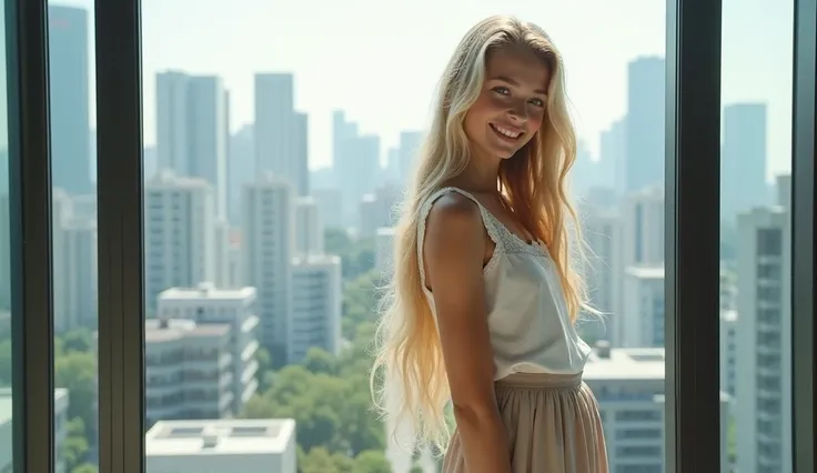  High quality. A real girl with 18 years old with beyond floor length blonde hair and see her "whole" body standing on the right of floor to ceiling window, must see her whole body. The scenario of window shows summer city in modern city. This graph MUST s...