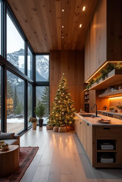 This |modern + mountain| home design combines warmth with wood details & stunning contrast in each space. Kitchen room Christmas
