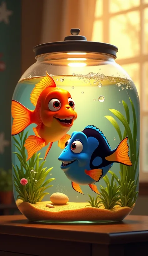 A gold fish and blue tag trapped in a fish tank together, in a cozy room, with warm yellow light. Fish look like dory and nemo.