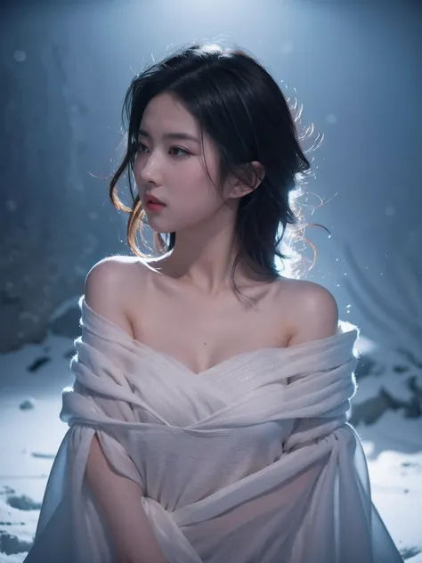 Best picture quality，Masterpiece level，Ultra-high definition，Ultimate realism（1.4），A sexy woman，Wavy shoulder，Glowing skin，Cold and dark environment，Deep shadows，Understated cold light。