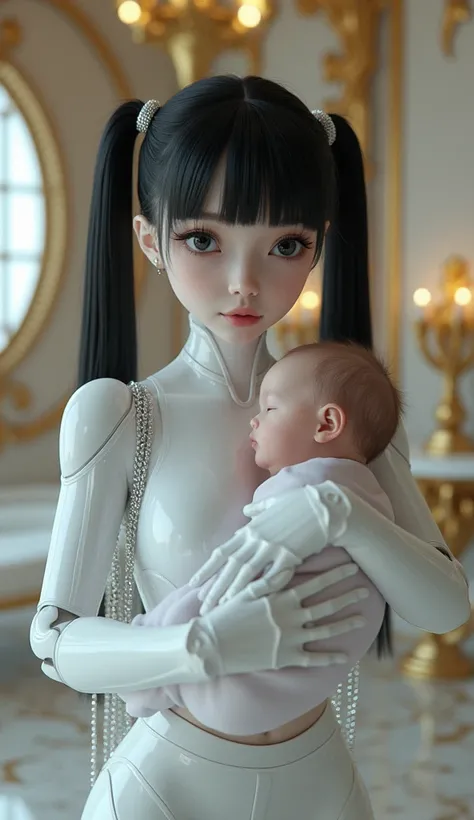 A beautiful young android babysitting a human baby,white ceramic skin, with bright blck twin tails hairstyle, wearing a glowing metallic white lolita outfit, standing in a futuristic baroque style room, highly detailed, realistic, 8k, (best quality,4k,8k,h...