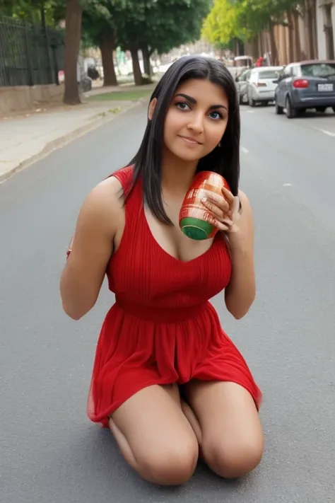 A beautiful Roman girl is begging on the street with a bowl. Hyper-realistic photography.