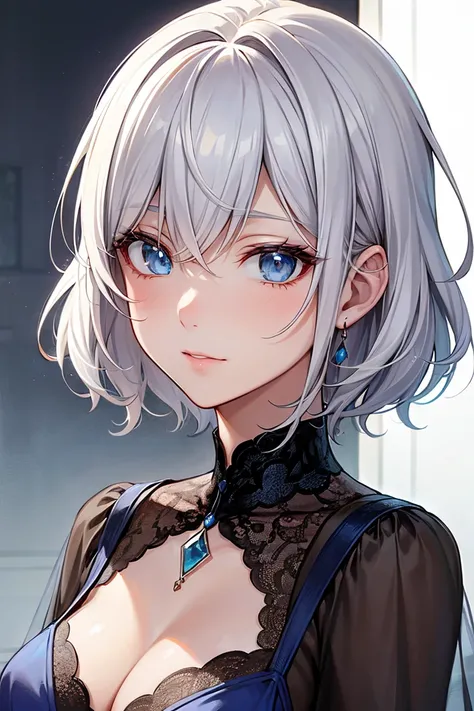 Beautiful mature anime woman, short white hair, blue eyes, detailed face, pretty eyes, 1girl, dress