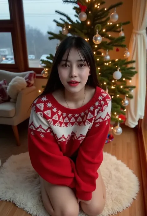 A Korean girl with fair and radiant skin poses like a professional model in a bright and quiet atmosphere. She wears a red and white Christmas sweater, which reflects a relaxing atmosphere. The soft moonlight shines down on her gently, casting a warm golde...