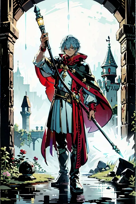  drawing of a short male character, greedy, dressed like kings .  in his hands he carries a magic rod , with a rough appearance . Of rain and a castle 