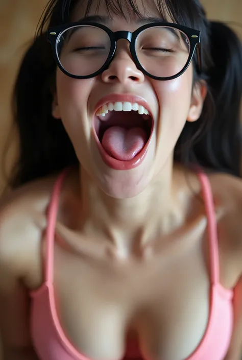 Closeup of a female young Nagi Hikarus face, actress Nagi Hikaru when she as 25, skinny, big breasts, black haired girl, NSFW, explicit,  wearing a tiny and sexy pink gym top, mouth very wide open and smiling, sticking out tongue,  dropping sperm from her ...