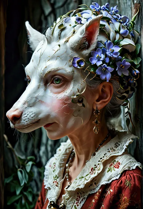 A surreal and mysterious illustration of an elderly woman with a perfectly styled bun. Her face is partially wolf-like, with piercing eyes and menacing features, but she holds a delicate lamb mask in front of her, concealing part of her lupine face. The se...