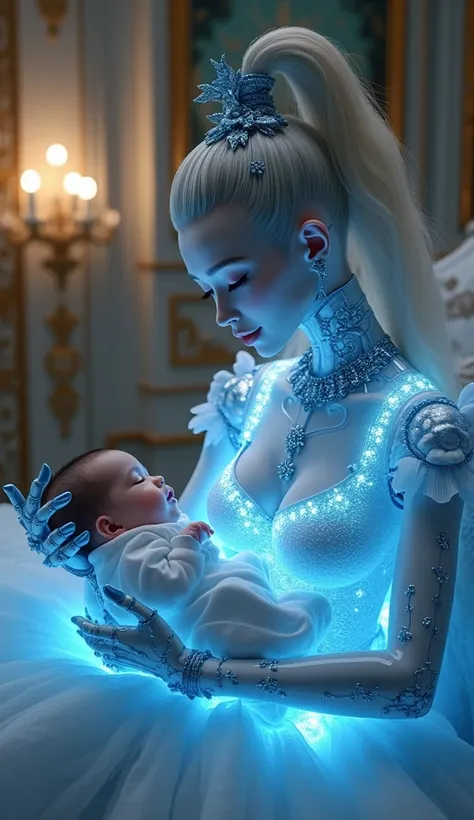 A beautiful young android babysitting a human baby,white ceramic skin, with shilver hairstyle, wearing a glowing metallic bule lolita outfit, standing in a futuristic baroque style room, highly detailed, realistic, 8k, (best quality,4k,8k,highres,masterpie...