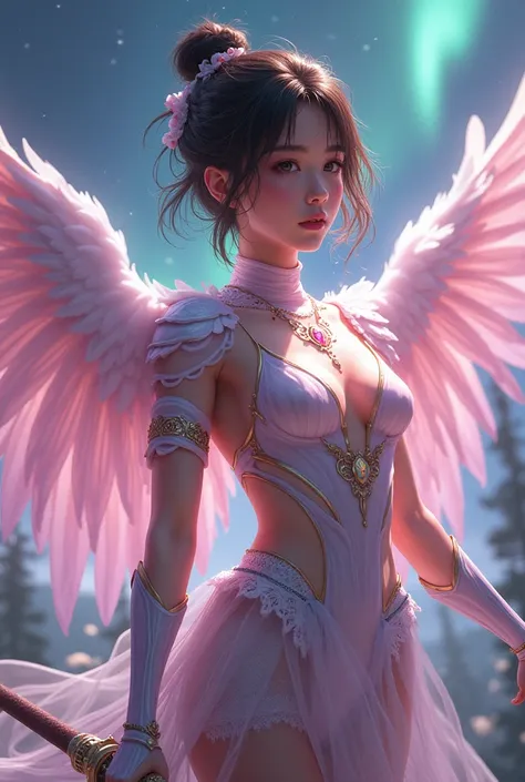 

** “A young valkyrie with Japanese features ,  with soft brown skin and a magical aura . Her face is incredibly charming ,  with radiant eyes and a princess eyes that oozes strength and tenderness .  She has short, illuminated hair ,  with pink reflectio...