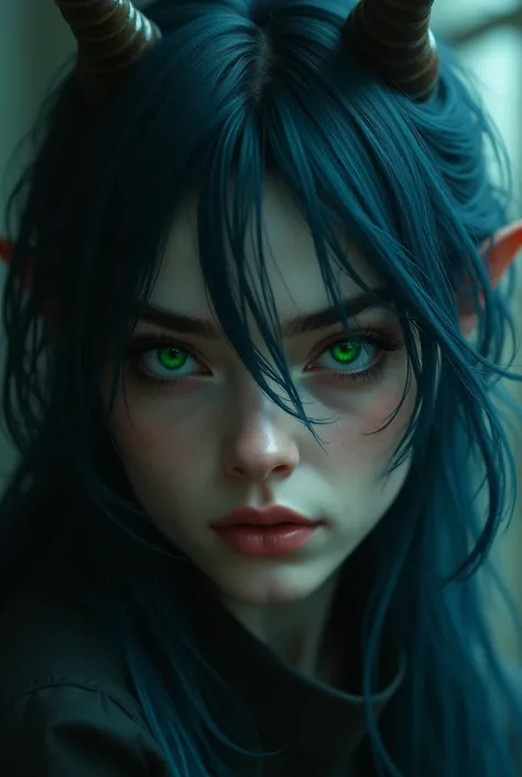  woman with dark green eyes and vertical pupils with a harsh expression. Dark blue hair , slightly rounded horns 