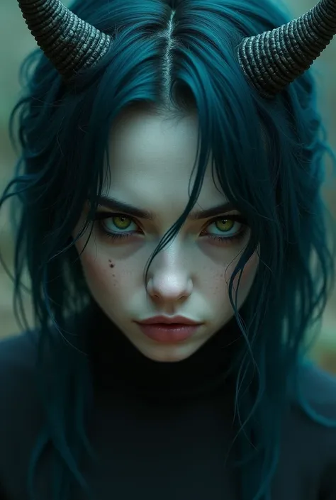  woman with dark green eyes and vertical pupils with a harsh expression. Dark blue hair , slightly rounded horns 