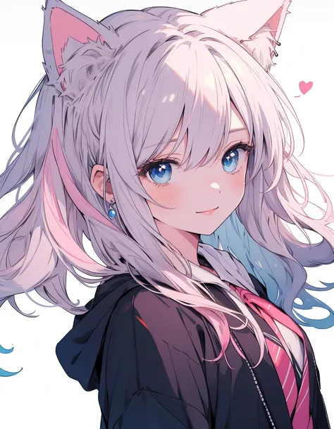 smile,  wariza,  casual, ((masterpiece,  top quality :1.5)), (( Beautiful Detailed Cat Blue Eyes:1.2,Pure white hair like snow with pink hair color and fluffy)), cat ears, Cat with cat ears ,Personification,天使みたいなsmile青白い肌, Smaller breasts,  beautiful hand...