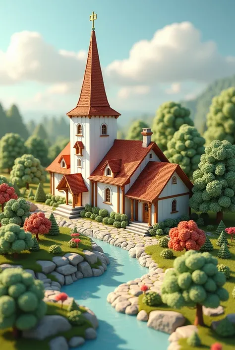  Create a 3D visualization of a cottage village to present an architectural tablet.  The village should have cottages , the temple, school, kindergarten,  administrative offices in invited tones . Make 