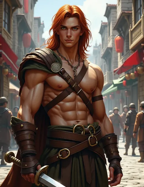 Pathfinder kingmaker style portrait of a cute but muscled 20 year old male half-elf slayer with shoulder length, copper color hair, holding a scimitar, in the streets of a medieval city