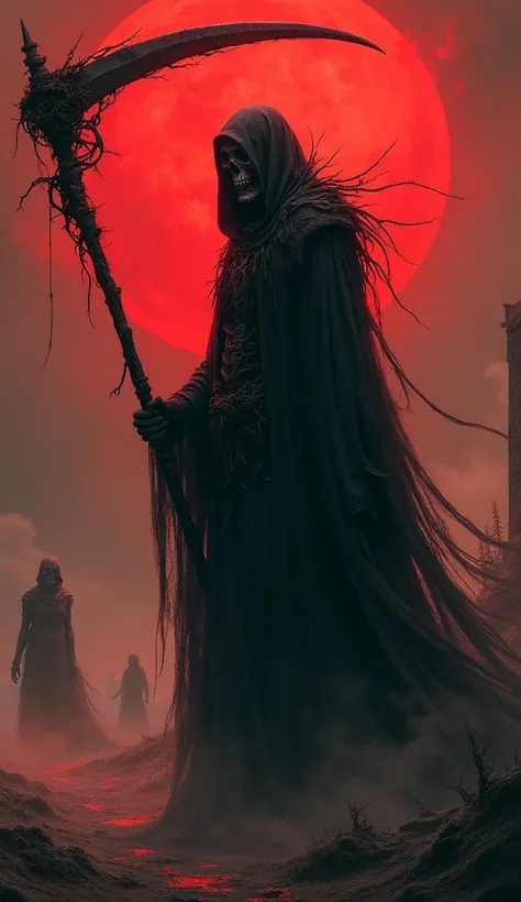 Queens god of death、Holding a scythe that is emanating red demonic energy、I can read the guilt、dark、An elaborate composition、Realistic Skeletons 、(An old black robe that covers the whole body)、A robe that covers the body、(A dusty, ruined world)、 diverse co...