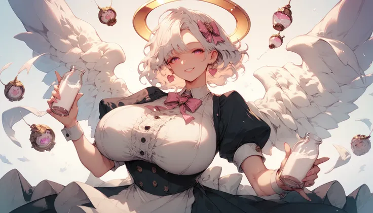 MILF, huge breasts, short white hair, pink eyes, butler, white angle wings, golden halo, goddess, soft smile, milk jars floating in the air