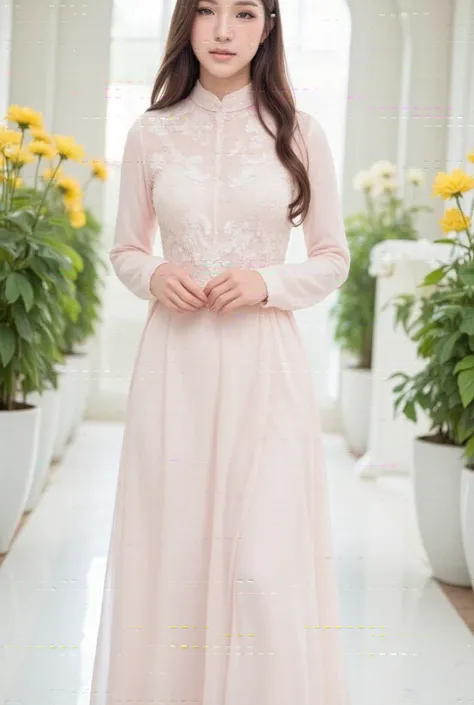 A high-fashion editorial photograph of an elegant woman wearing an ivory baju kurung kebarung with intricate lace and floral embroidery, complemented by a matching long layered flowy hijab. She stands gracefully in a luxurious indoor setting with soft, nat...