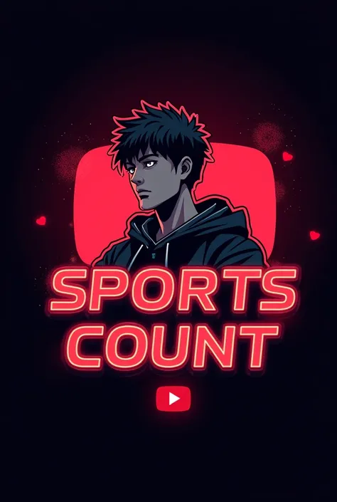 This is a gaming logo that features the name " SPORTS COUNT " in a futuristic font and a neon Red color. and Boy Anime avtar, The logo also has a stylized controller icon and a YouTube play button in the background. The logo is designed to be attractive an...