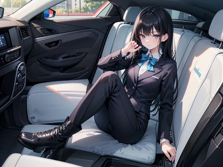 High school students ， already, Black Hair ， With warm blue eyes ， Wore a brand new blue suit and black boots， Pure white collar and bright green bow 。 has long Black Hair and warm blue eyes ， Lean back in the car seat ， Pose Alluring , spread legs , lower...