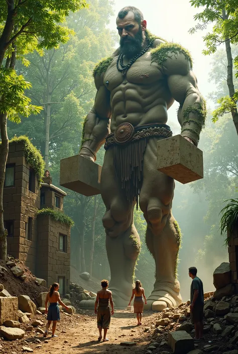 A surreal construction scene featuring a 100-foot-tall giant man lifting massive stone blocks to build a house, while tiny 5-foot-tall humans assist him by directing and supporting from the ground. The environment is a lush green forest with sunlight strea...