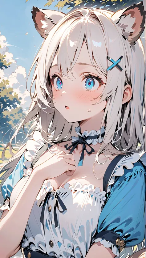 {{{masterpiece}}}, {{{ top quality }}}, {{ ultra detail }}, { beautiful,  detail eyes},  1 girl, Alone, ((White Hair)),  long hair, 青いeye, ( straight hair that holds the top of clothes), (bangs),  animal ears , (Weasel Ears:1.2),  choker ,  , tooth, (Big w...