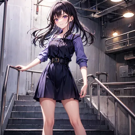 A high school-aged girl is climbing a set of backstage stairs in a theater, heading toward a brightly lit stage. She is mid-step, her expression showing focus and slight excitement. Her outfit flows lightly as she moves, suggesting urgency. The background ...