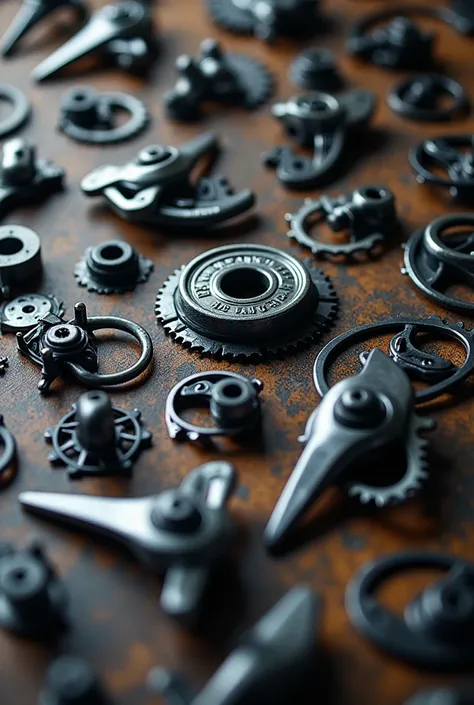 Various road bicycle spare parts and accessories scattered on the table